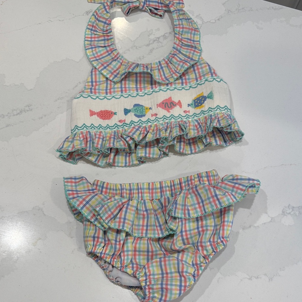 Plaid Kids Bikini with Fish Embroidery